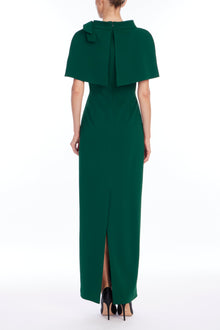 Badgley Mischka | Capelet & Bow Accent Column Evening Dress | Dark Emerald