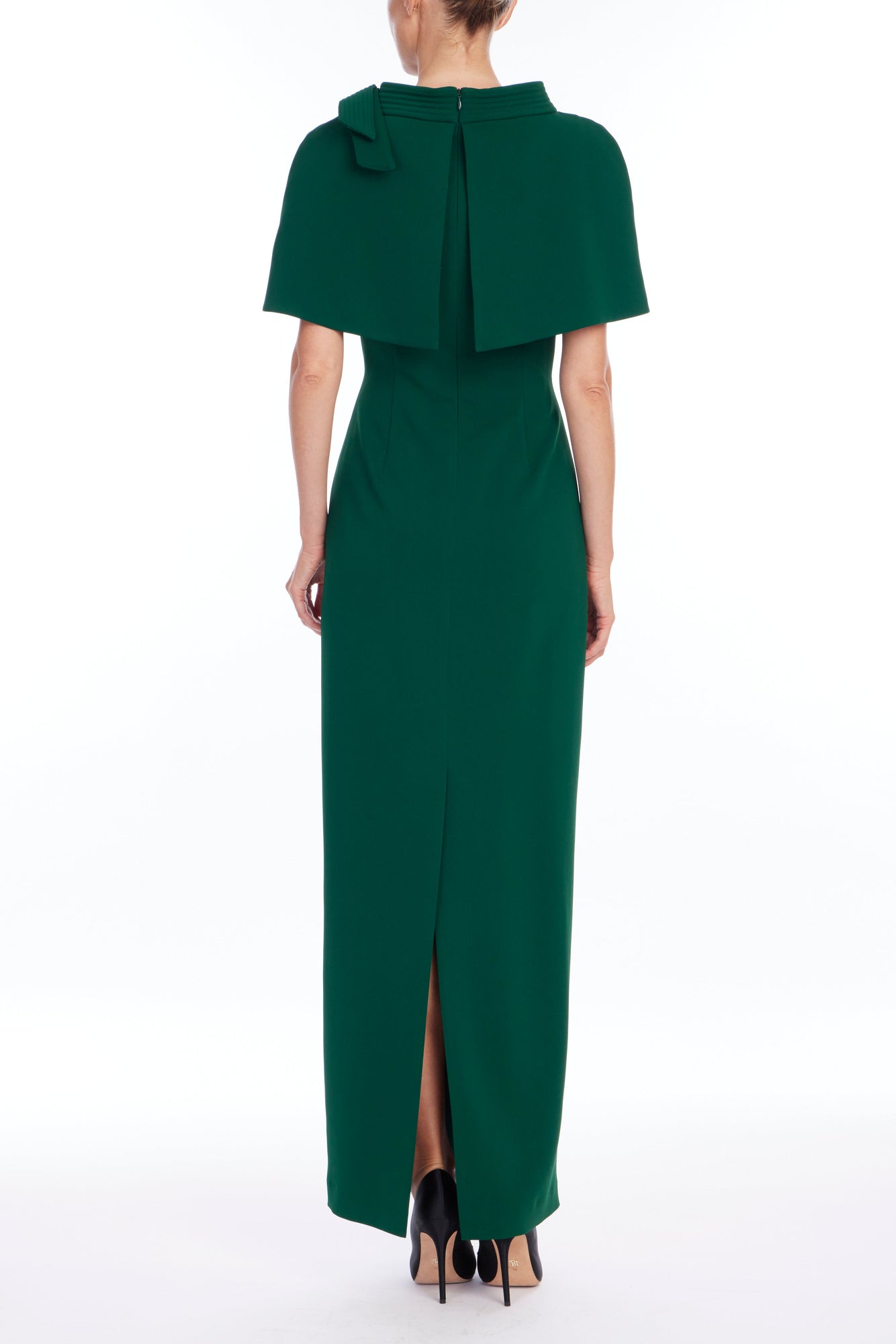 Badgley Mischka | Capelet & Bow Accent Column Evening Dress | Dark Emerald