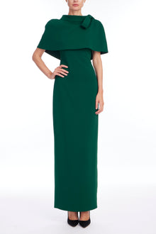 Badgley Mischka | Capelet & Bow Accent Column Evening Dress | Dark Emerald