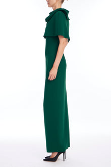 Badgley Mischka | Capelet & Bow Accent Column Evening Dress | Dark Emerald