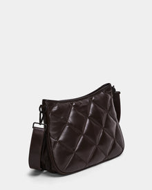 The Rudsak ALICIA - 8323507 Espresso is a luxe leather quilted purse in dark brown, featuring a soft diamond-pattern and wide adjustable strap. Perfect for women, it sits elegantly against a plain white backdrop.