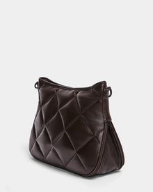 The Rudsak ALICIA - 8323507 Espresso is a luxe women’s handbag in dark brown leather with a quilted diamond pattern. It has a soft, structured shape without visible handles and is shown angled against a plain white background.