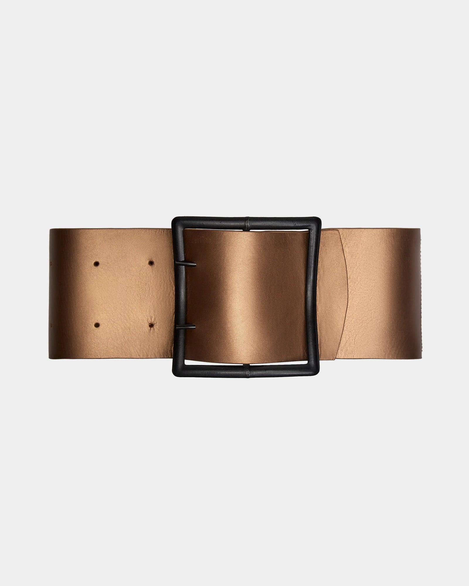 The Rudsak ALLEA - 8424506 Antique Bronze is a wide women’s brown leather waist belt with a bold black rectangular buckle, shown on a plain white background.