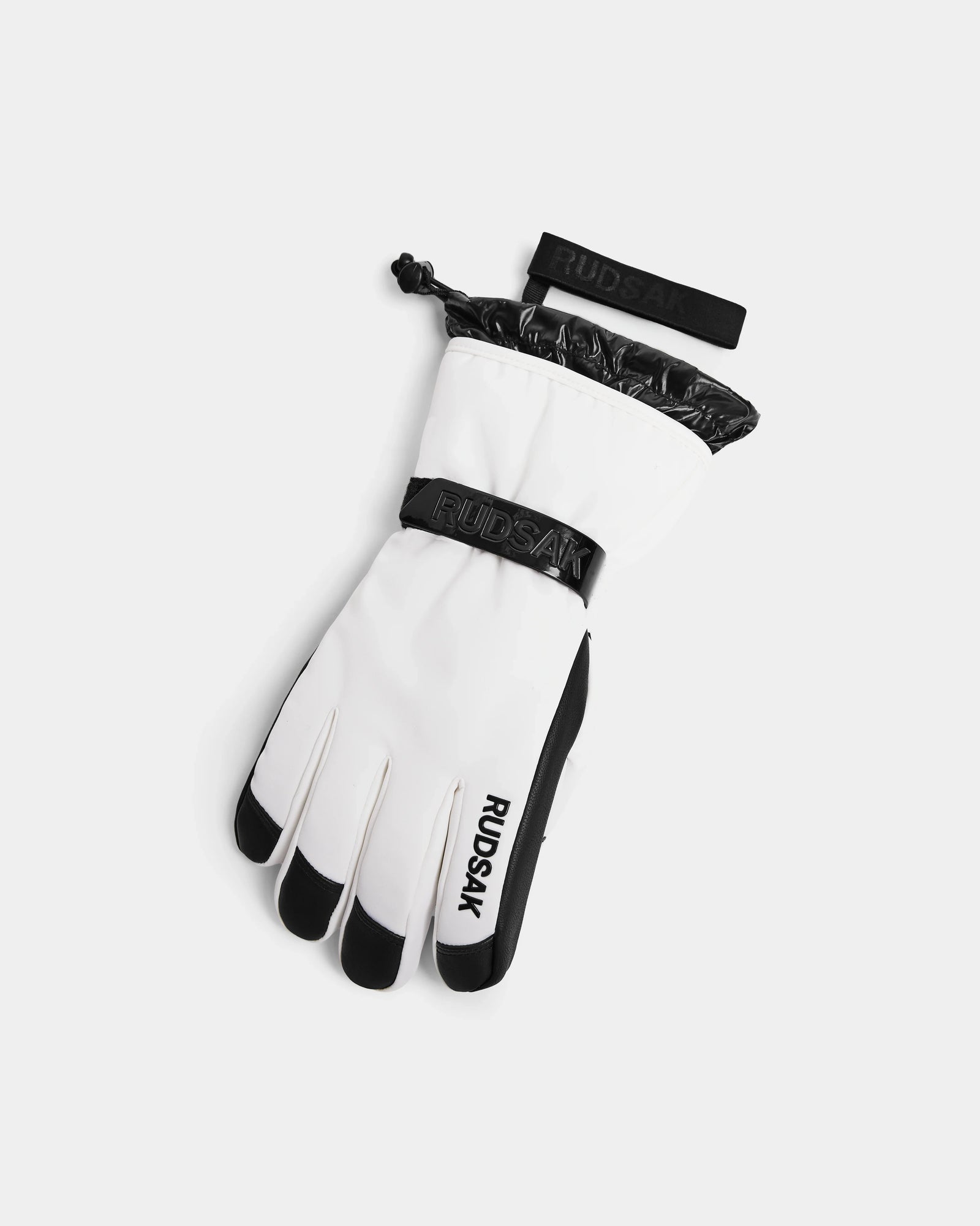 A pair of Rudsak APLEN - 6424505 Optic White insulated ski gloves with adjustable wrist straps and waterproof zippers, shown on a plain white background.