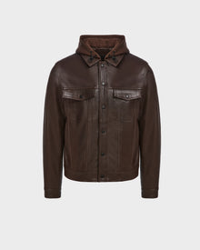 The AREN - 6124580 Espresso by Rudsak is a dark brown mens leather shirt jacket with front buttons, chest flap pockets, and a brown hood with drawstrings, shown on a plain white background. Inspired by the iconic RUDSAK AREN style.