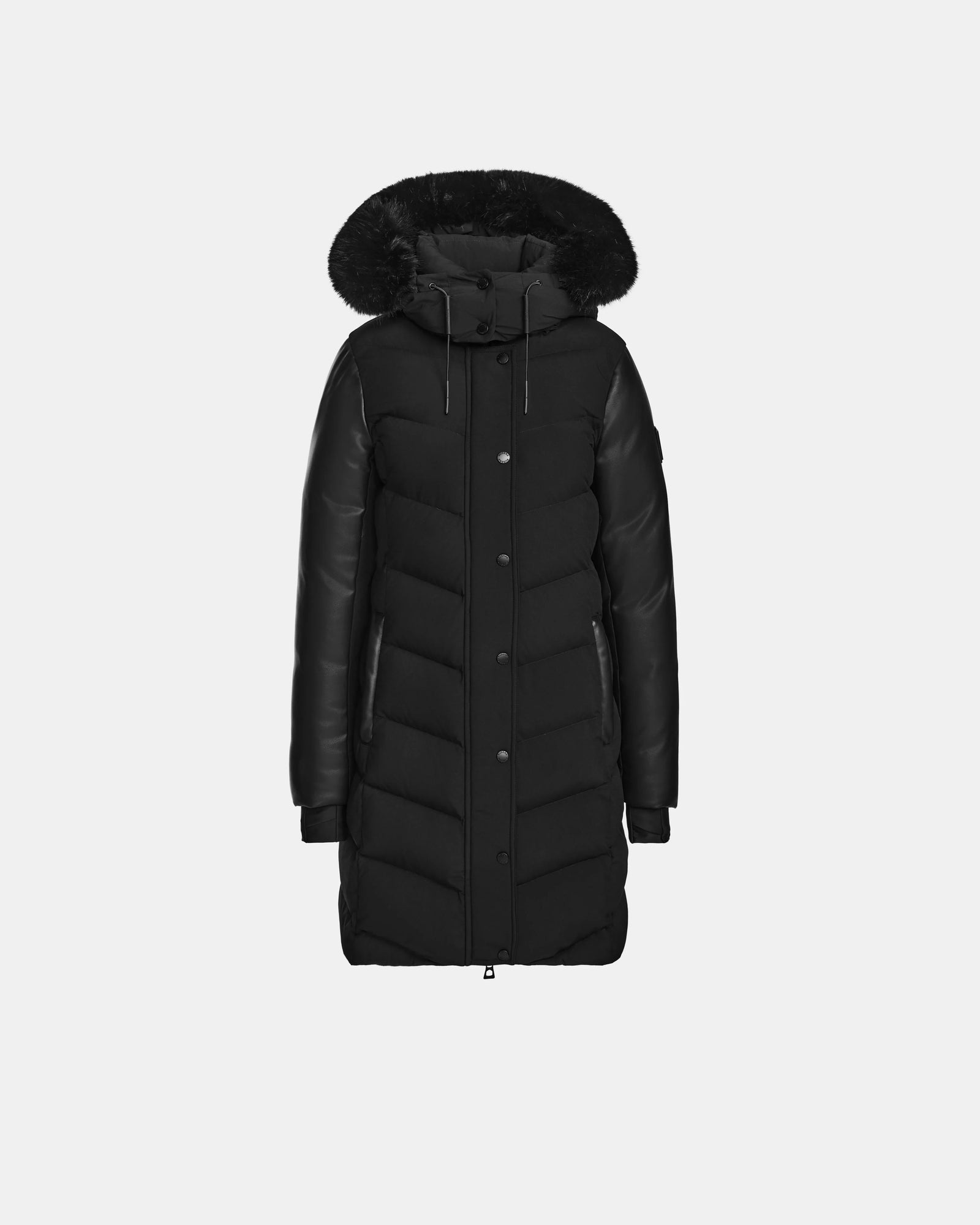 The Rudsak ELSA - L123535 Black is a womens long quilted down puffer coat with a faux fur-lined hood, front zipper and snap closures, and two zippered side pockets, displayed on a plain white background.