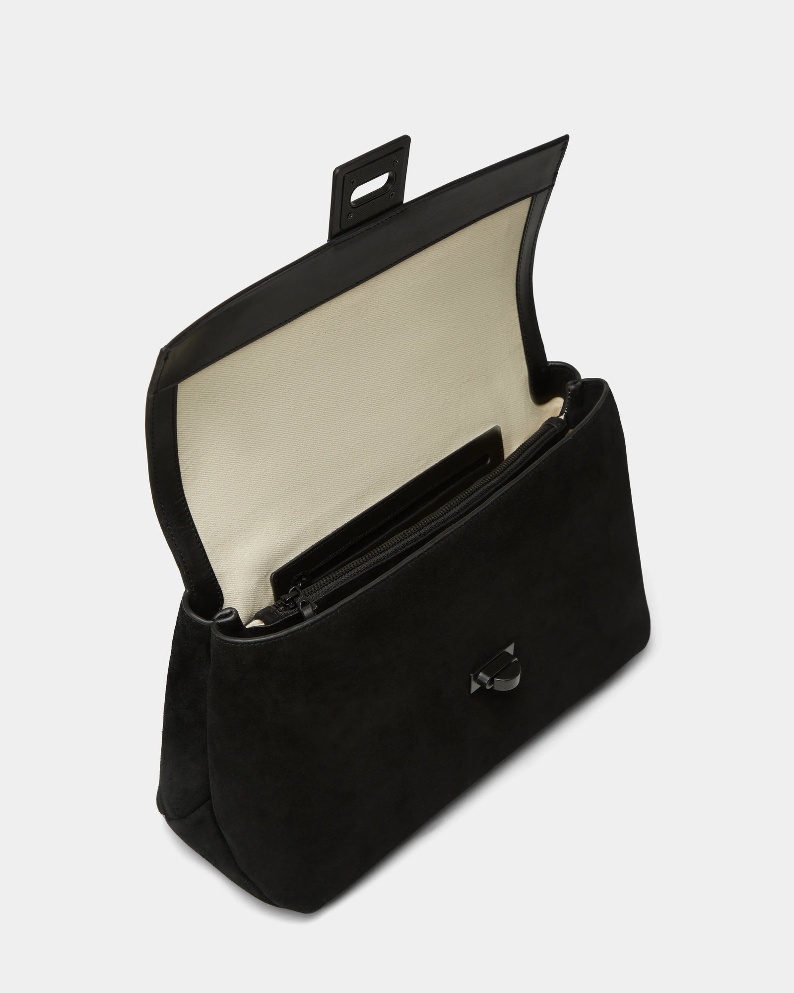 The Rudsak ESMA - 8324519 Black is a black suede and leather handbag with a flap opening, beige lining, interior zip pocket, and removable shoulder strap.