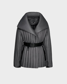 The Rudsak INES T - 8124625 Grey is a dark gray womens light down jacket with a wide collar, diagonal quilting, and a belt, shown on a plain light gray background.