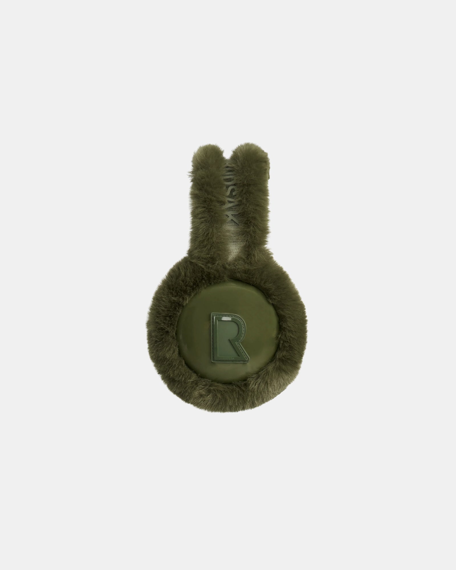 Stay warm in style with the Rudsak MUFF - 8422503 Loden Green earmuffs, featuring faux fur, playful upright bunny ear shapes, and a shiny circular patch embossed with the letter R—a cozy winter must-have.