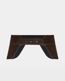 The Rudsak SIMONA S - 8424523 Espresso is a womens suede waist belt in brown with black straps, featuring an adjustable fit and a stylish saddle side design.