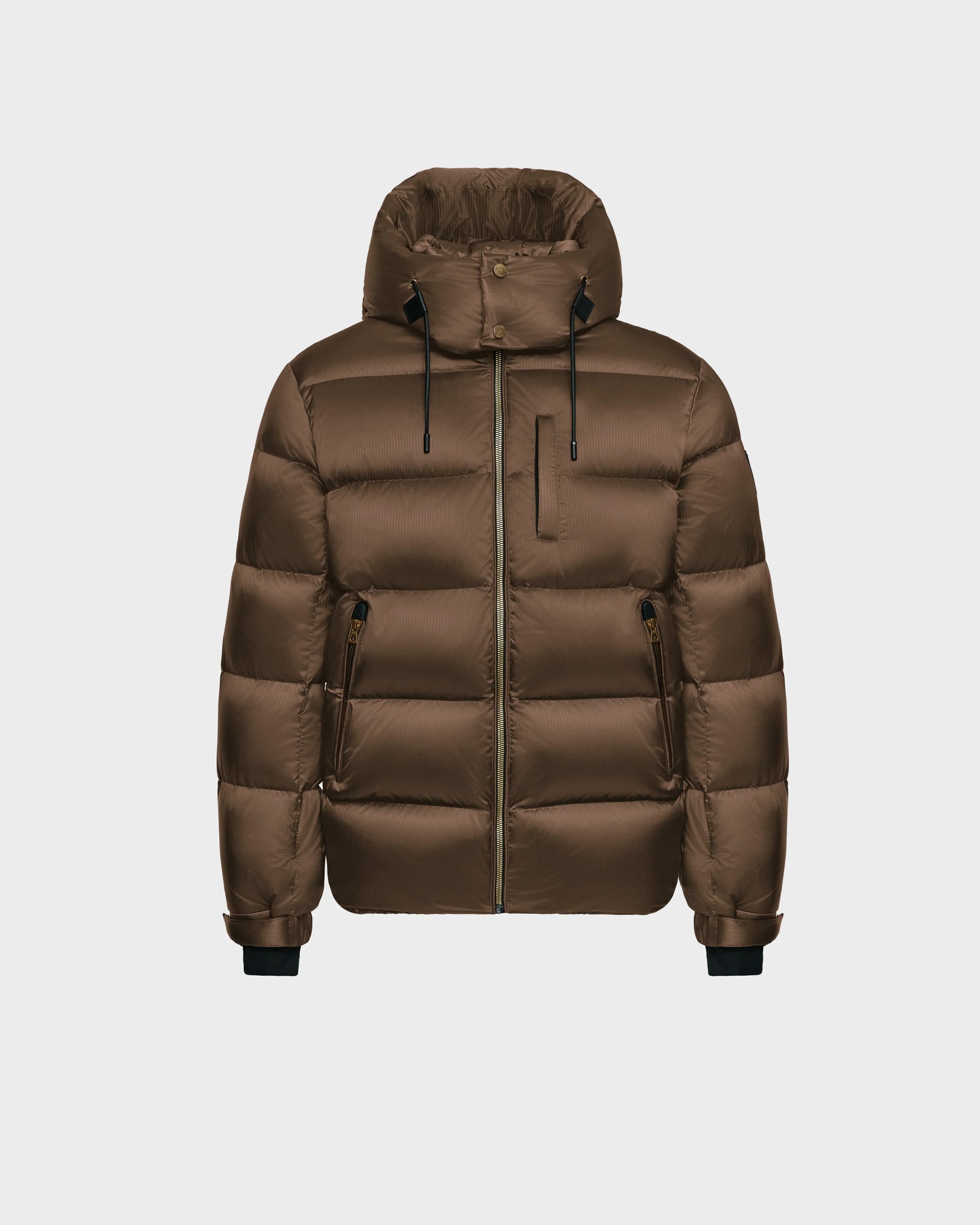 The VINCE S - 6124560 Antique Bronze by Rudsak is a brown mens quilted down puffer jacket with hood, front zipper, zippered side and chest pockets, black drawstrings and cuffs, high collar, water-repellent RDS-certified down.