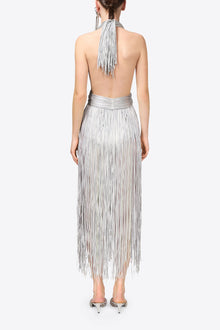 Metallic Fringe Halter Midi Dress | Silver