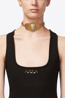 Crystal Glass | Chain Plate Choker Necklace | Antique Gold