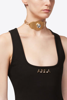 Crystal Glass | Chain Plate Choker Necklace | Antique Gold