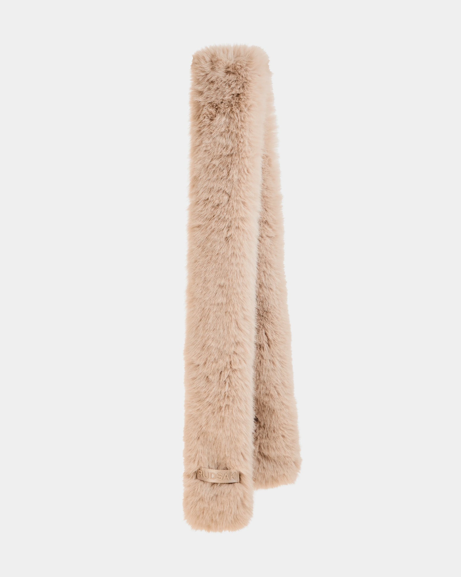 The Rudsak CARMY - L425534 Vanilla women's faux-fur scarf in beige is displayed against a plain white background, highlighting its plush, cozy texture and small label—an essential accessory for cold weather.