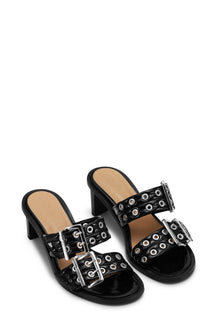 Feminine Buckle Heeled Mule Sandals | Black