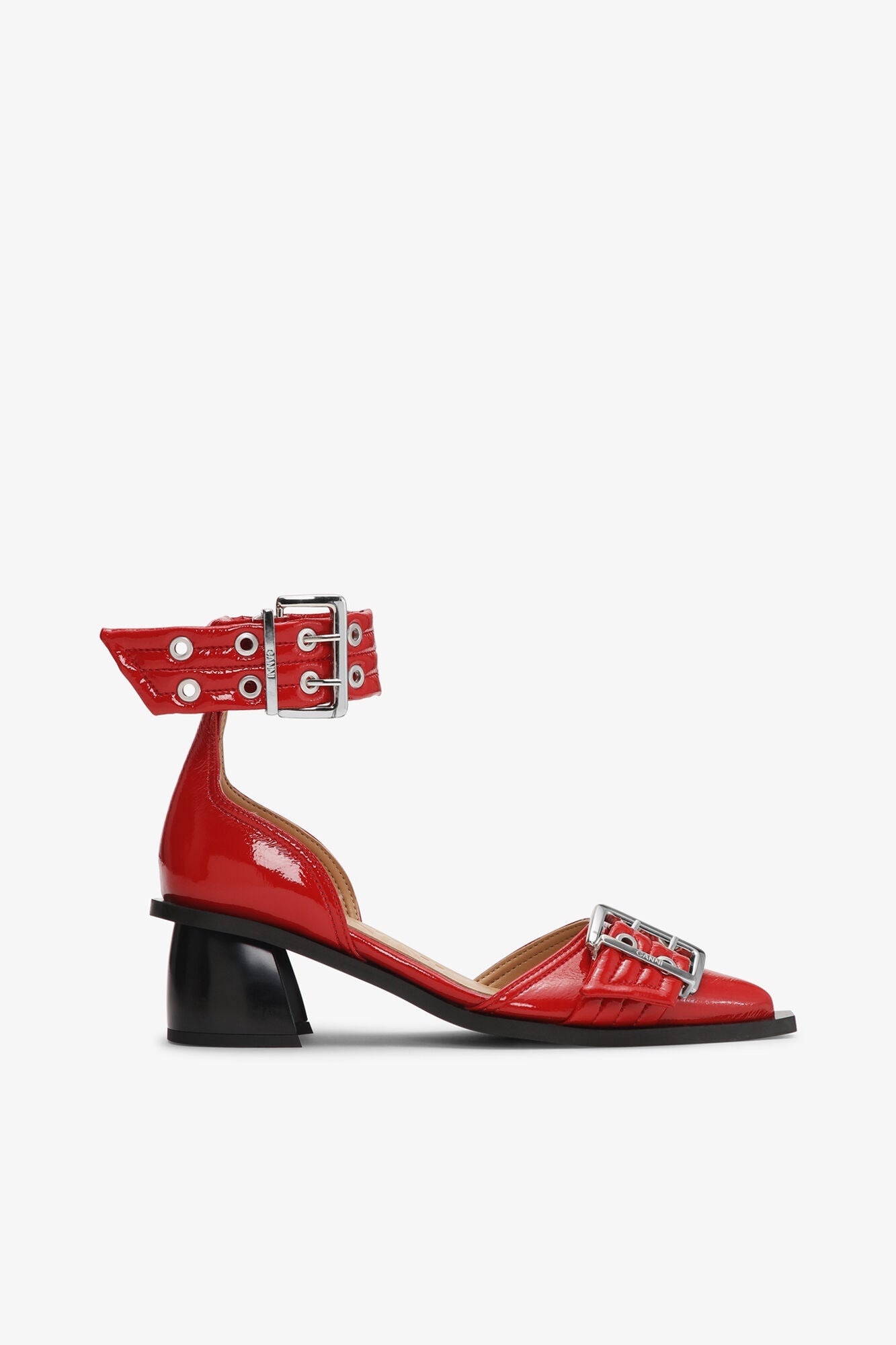 Feminine Buckle Open Cut Pumps | Racing Red