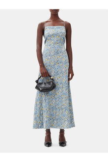 Floral Crinkled Satin Long Dress | Dusty Blue