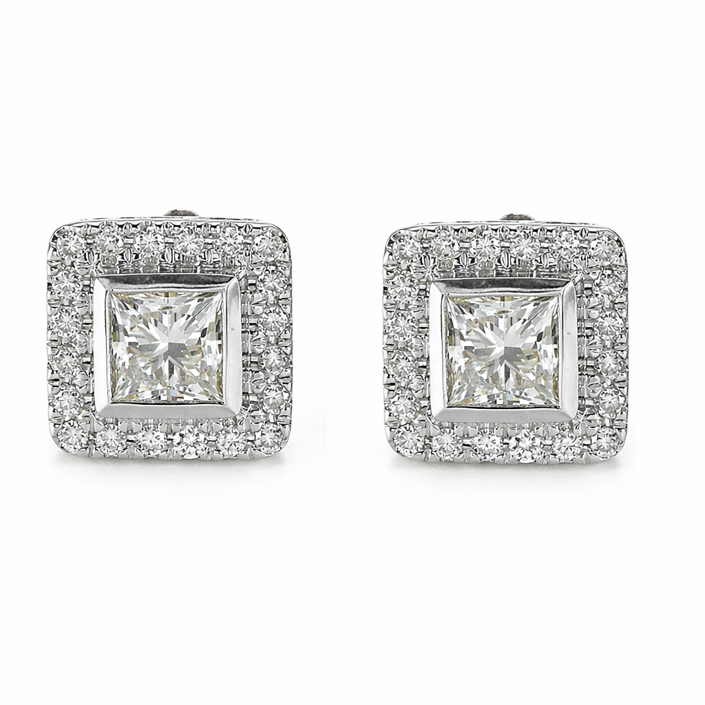 1.00 CT Princess/Round Natural Diamond | Stud Earrings | 14K White Gold | G Color | SI3-I1 Clarity