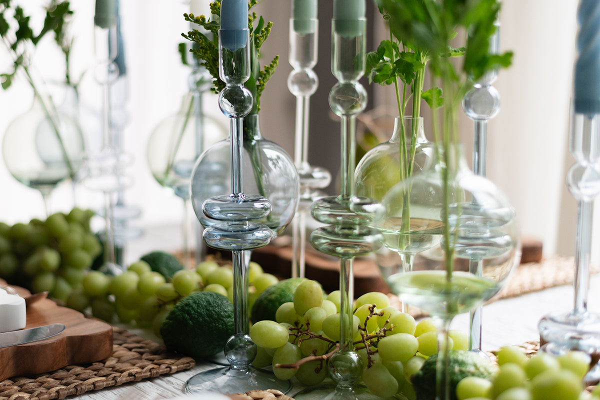 Glass Candlestick | Sage | Large | Set of 2