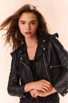 Girls Apolline Cropped Lamb Leather Jacket | Black