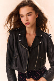 Girls Apolline Cropped Lamb Leather Jacket | Black