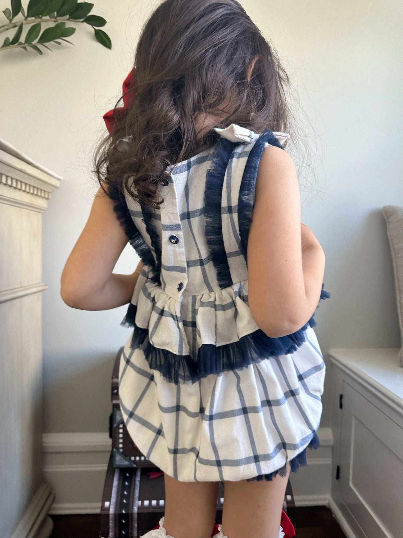 Girl | Checkered Linen Ruffle Romper | White x Navy