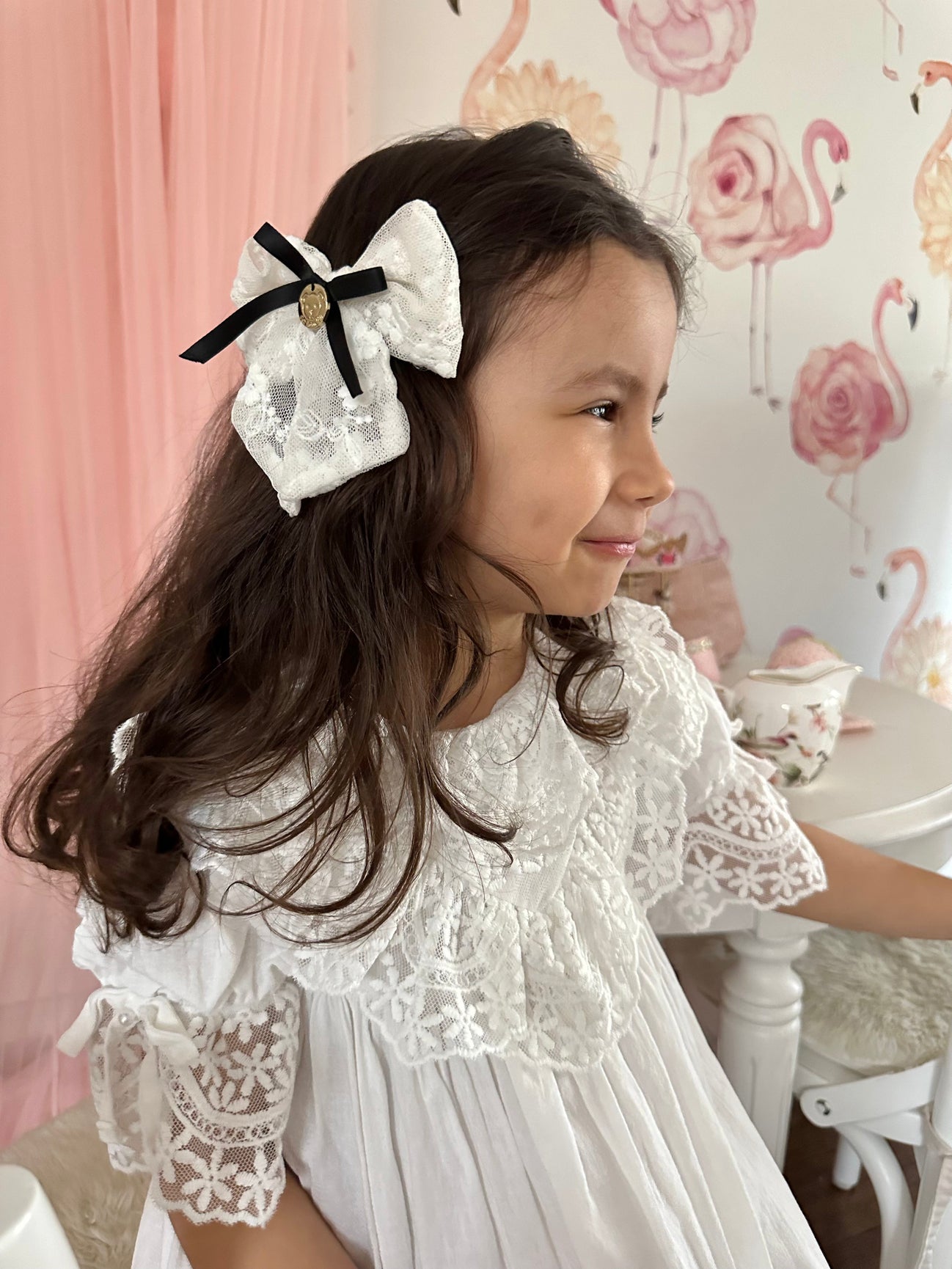 Girl | Embroidered Flower Hair Bows | White