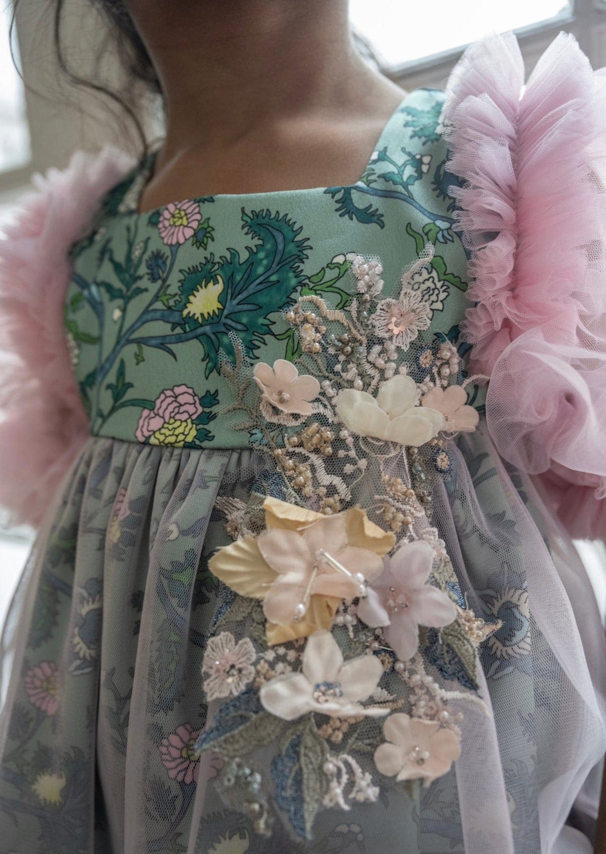 Girl | Eva and Floral Tulle Romper | Pink x Green