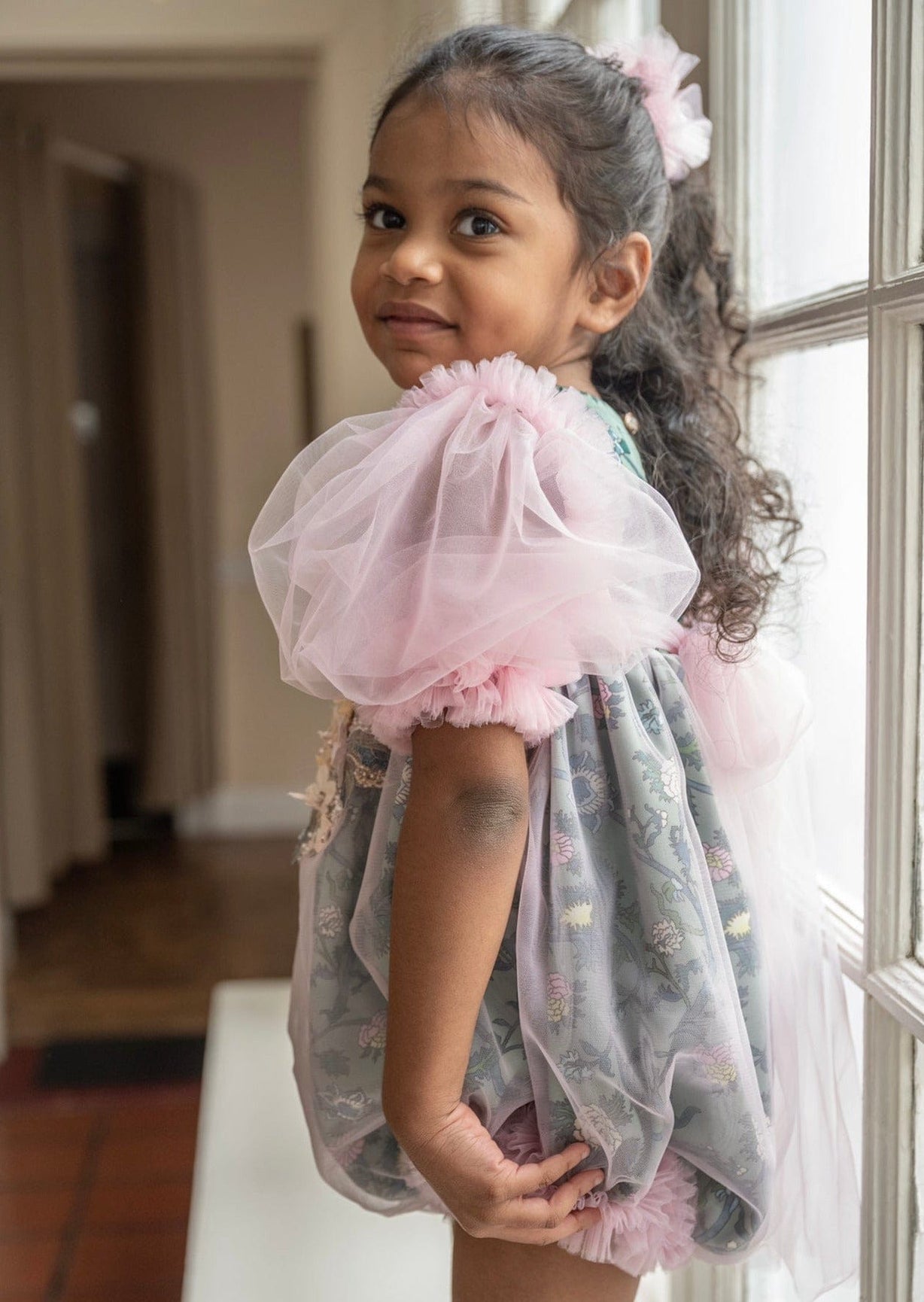 Girl | Eva and Floral Tulle Romper | Pink x Green