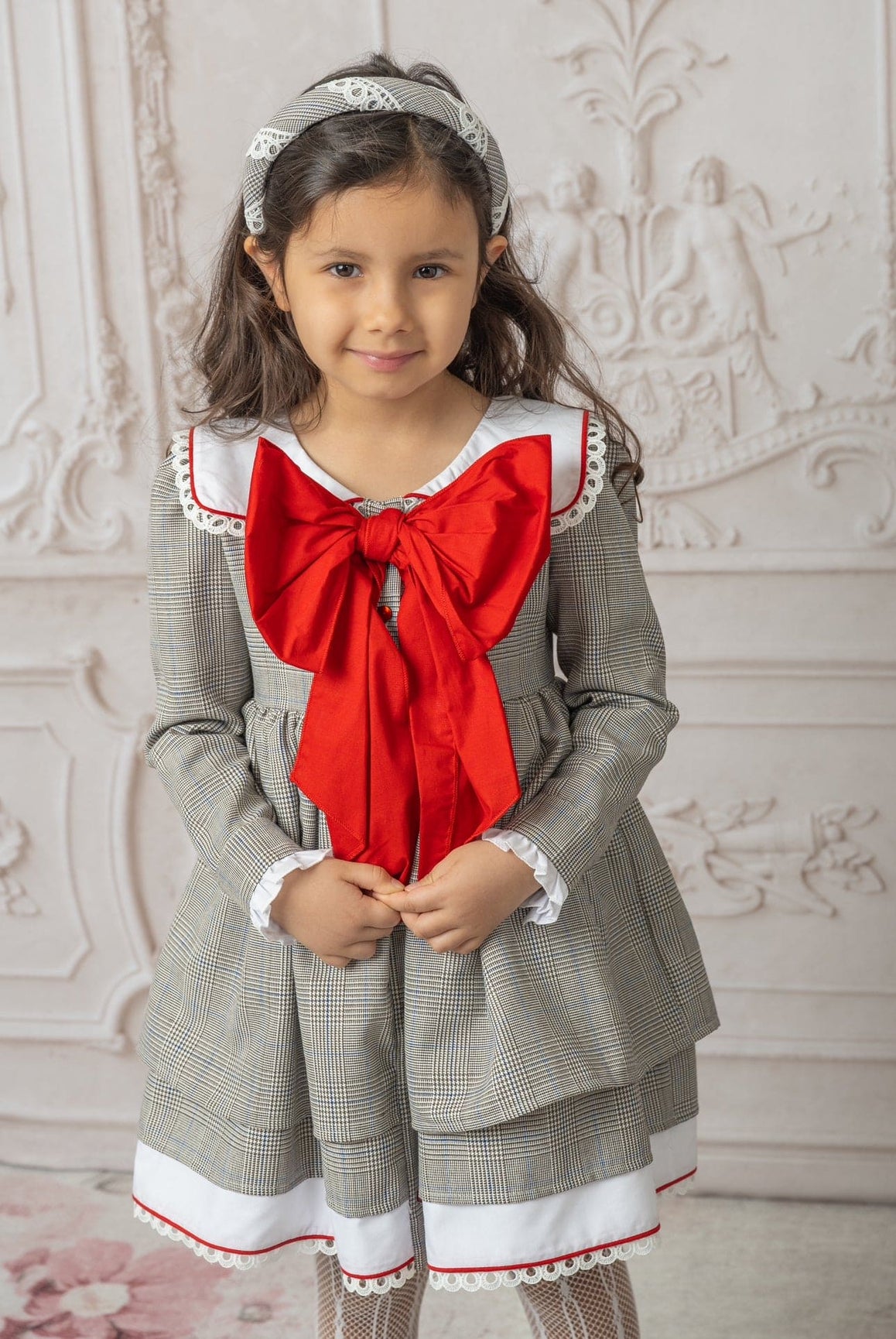 Girl | Georgina Tartan Print Dress with Bow | White x Black x Red