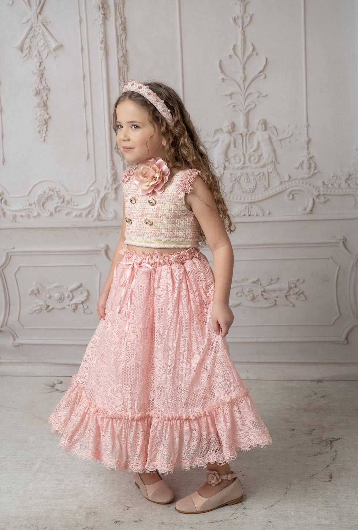 Girl | Molly Tweed Top and Lace Skirt Set | Pink
