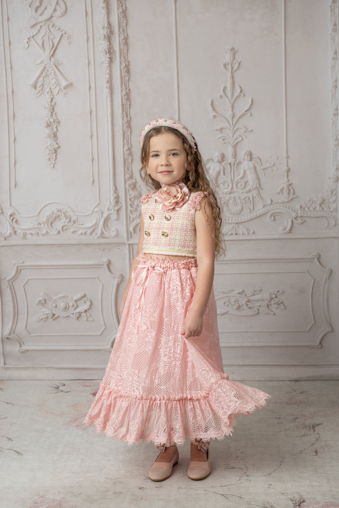 Girl | Molly Tweed Top and Lace Skirt Set | Pink
