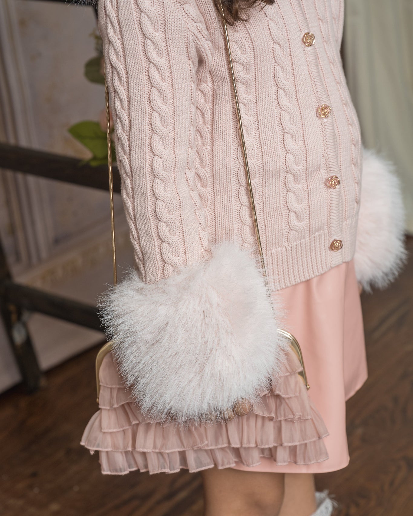 Girl | Pink Cableknit Faux Fur Cotton Cardigan