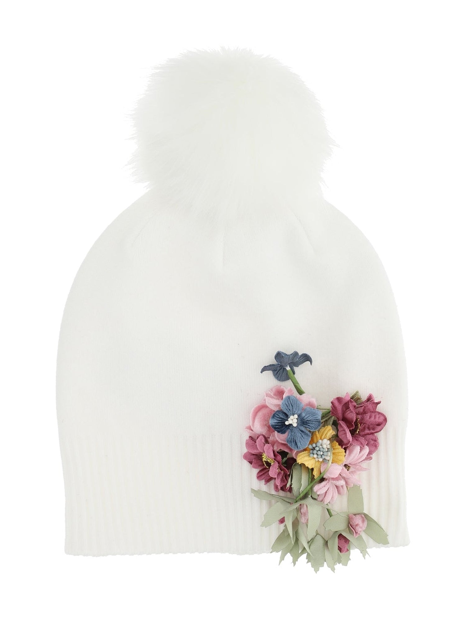 Girls | Wool Blend Hat With Flowers | Cream