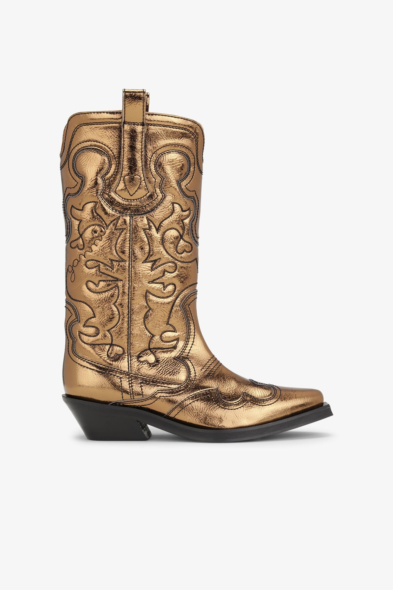 Gold Metallic Mid Shaft Embroidered Western Boots | Bronze