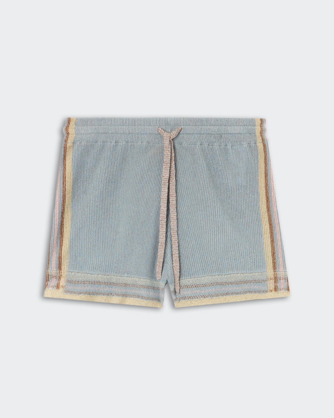 Havana Short - Clear Sky Combo, a knit short featuring a soft blue base with subtle vertical ribbing and side stripes in muted yellow, beige, and brown, with a matching drawstring waistband, laid flat.