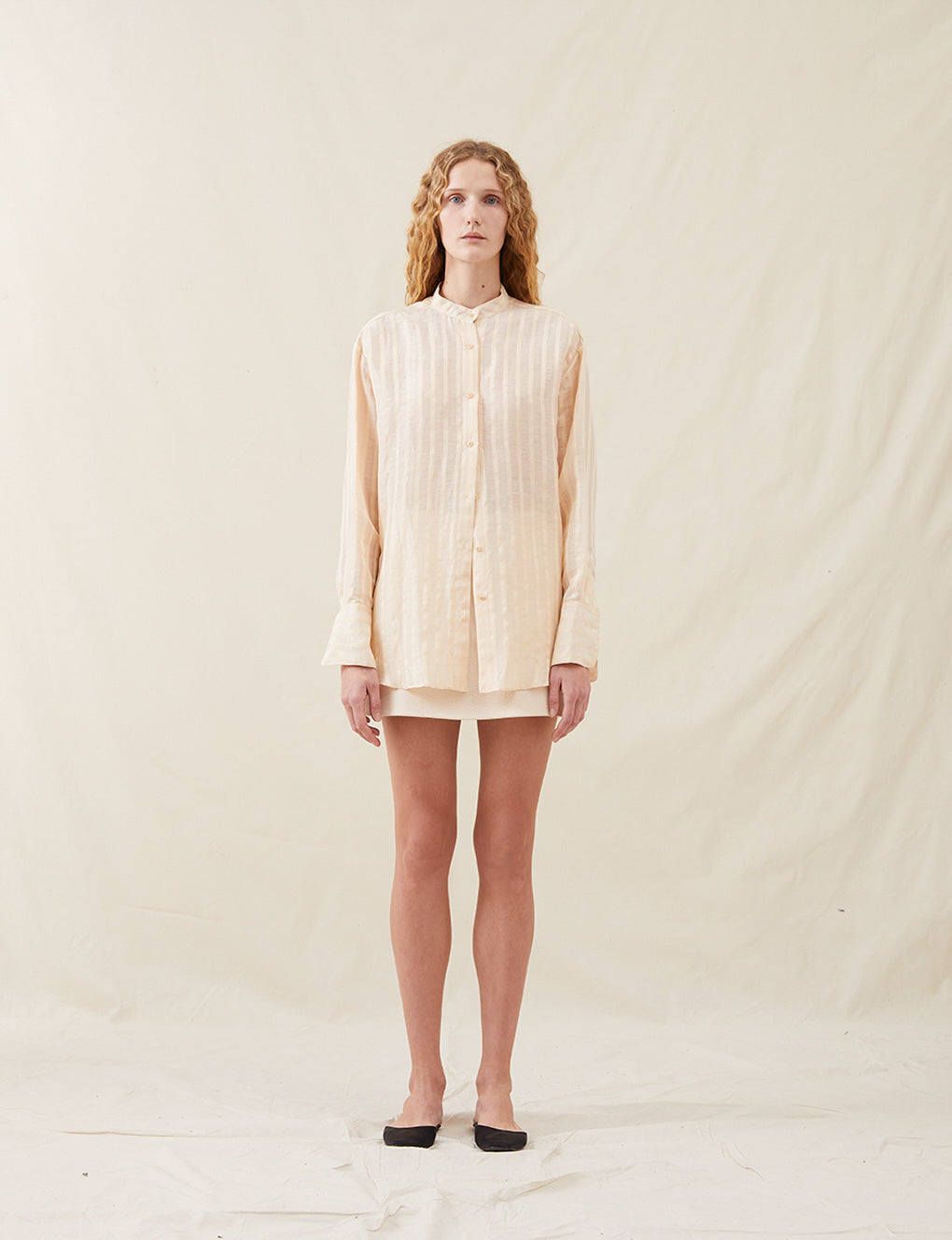 Womens | The Collarless Shirt | Sheer Cream Stripe