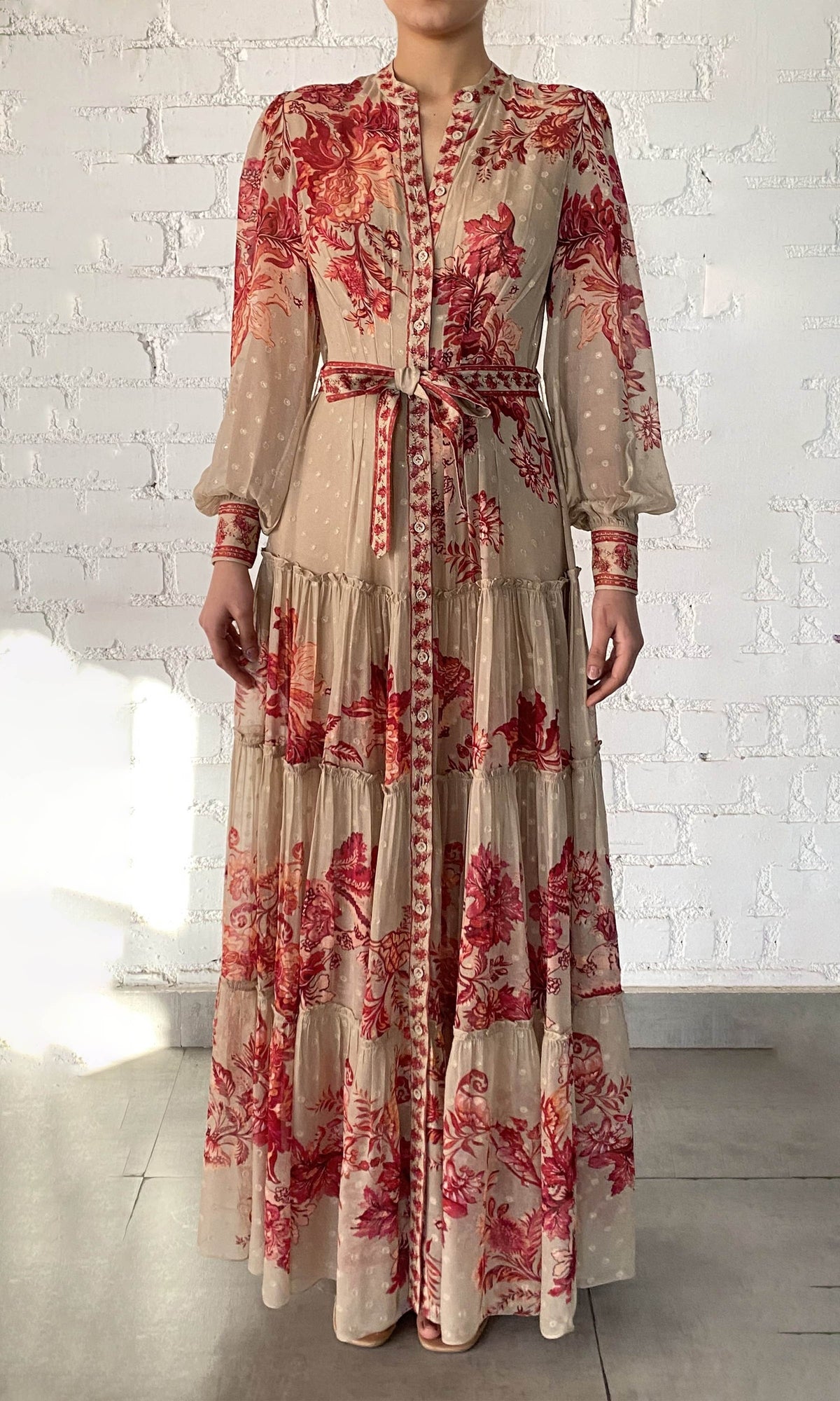 Womens | Aafa Viscose Georgette Stripe Lurex Long Shirt Dress With Tie Up Belt And Slip | FA24 | Red Beige