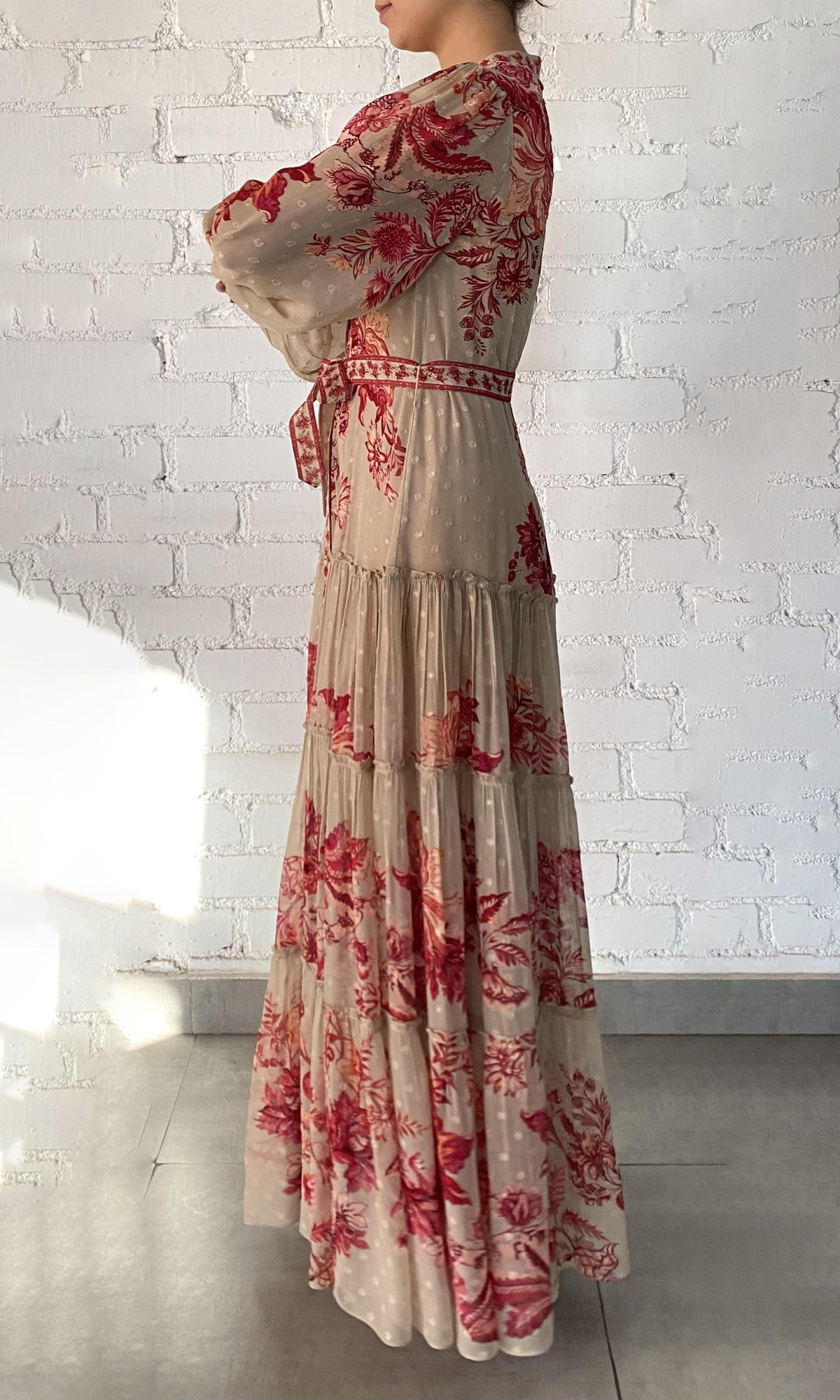 Womens | Aafa Viscose Georgette Stripe Lurex Long Shirt Dress With Tie Up Belt And Slip | FA24 | Red Beige