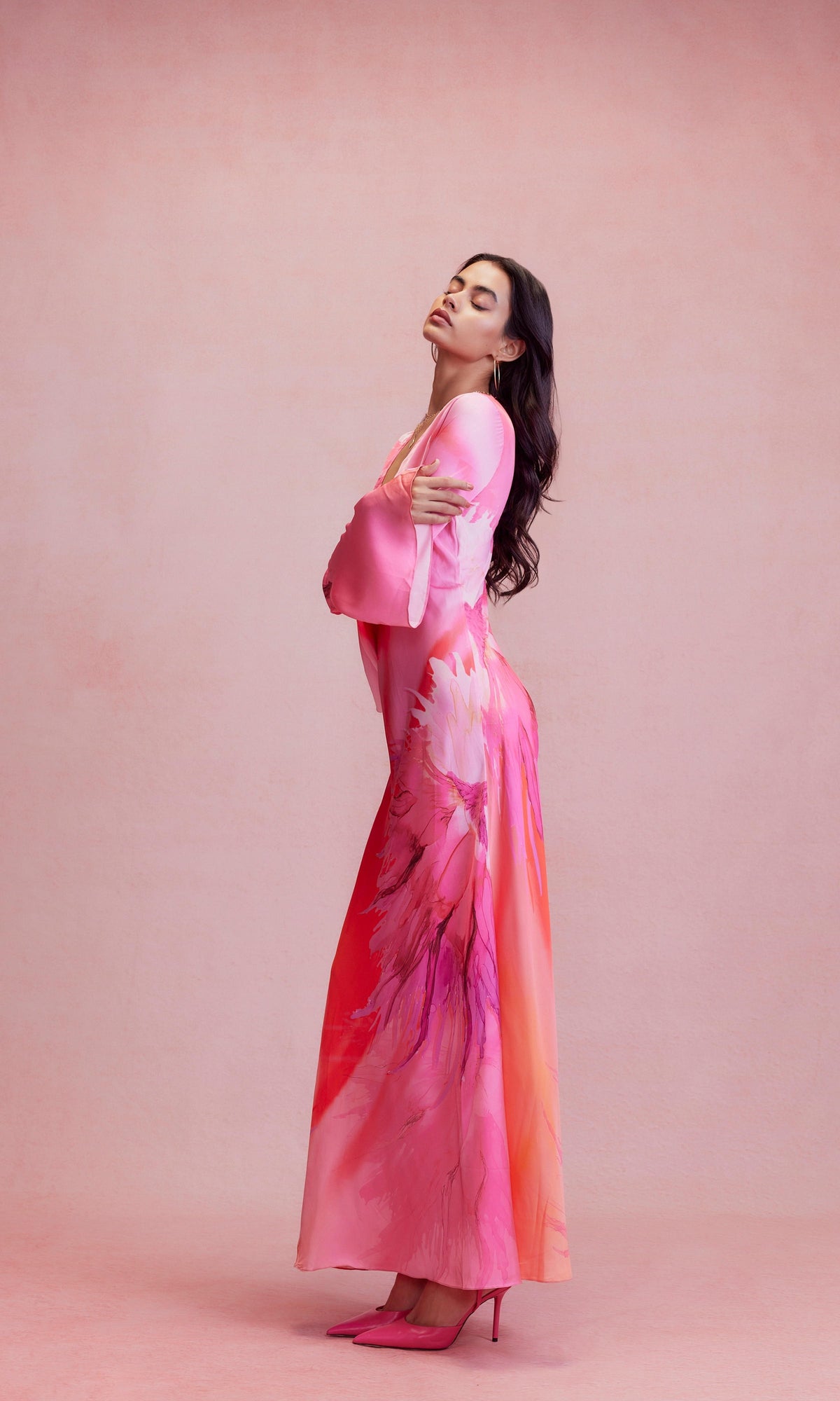 Hemant And Nandita | Abira Polyester Satin Lycra Long Dress | Pink