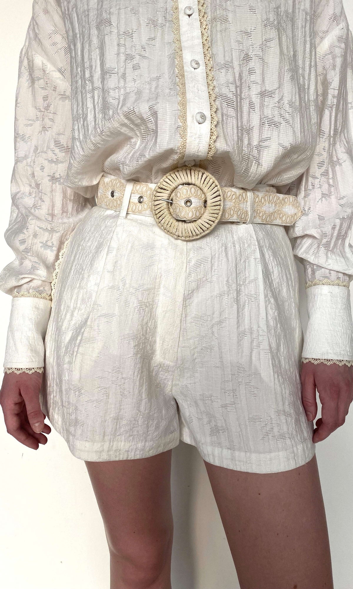 Hemant And Nandita | Anvi Viscose Nylon Jacquard Shorts With Buckle Belt | White