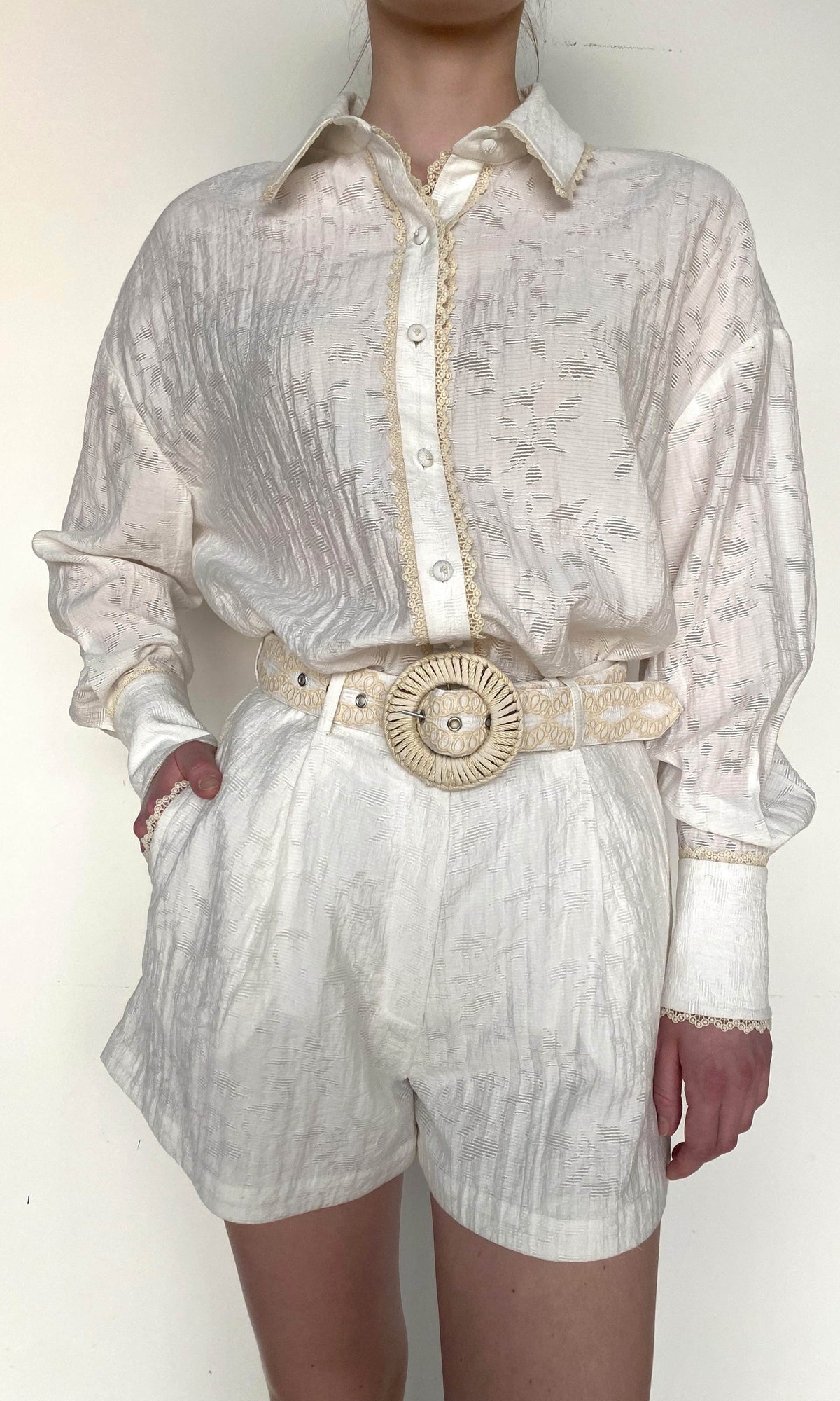 Hemant And Nandita | Anvi Viscose Nylon Jacquard Shorts With Buckle Belt | White