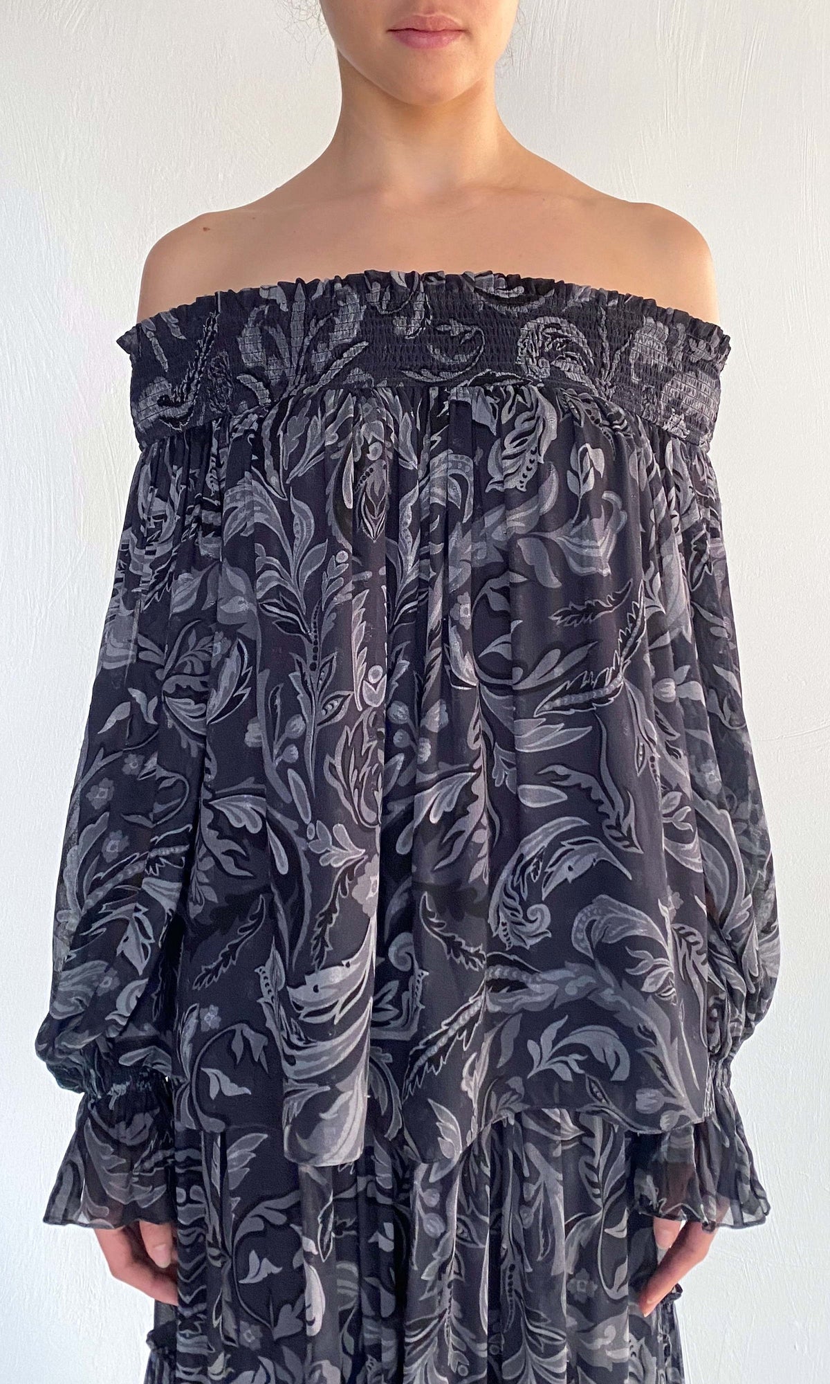 Womens | Atri Viscose Georgette Smocked Detailed Off Shoulder Top | Grey
