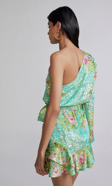 Hemant And Nandita | Azra Viscose Nylon Lurex Brasso Short Dress With Belt | Teal Floral