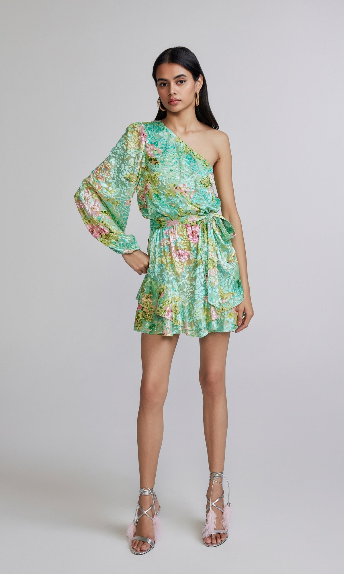Hemant And Nandita | Azra Viscose Nylon Lurex Brasso Short Dress With Belt | Teal Floral