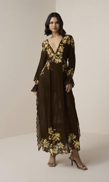 Hemant And Nandita | Bota Viscose Flower Jacquard Maxi Kaftan With Printed Slip | Brown