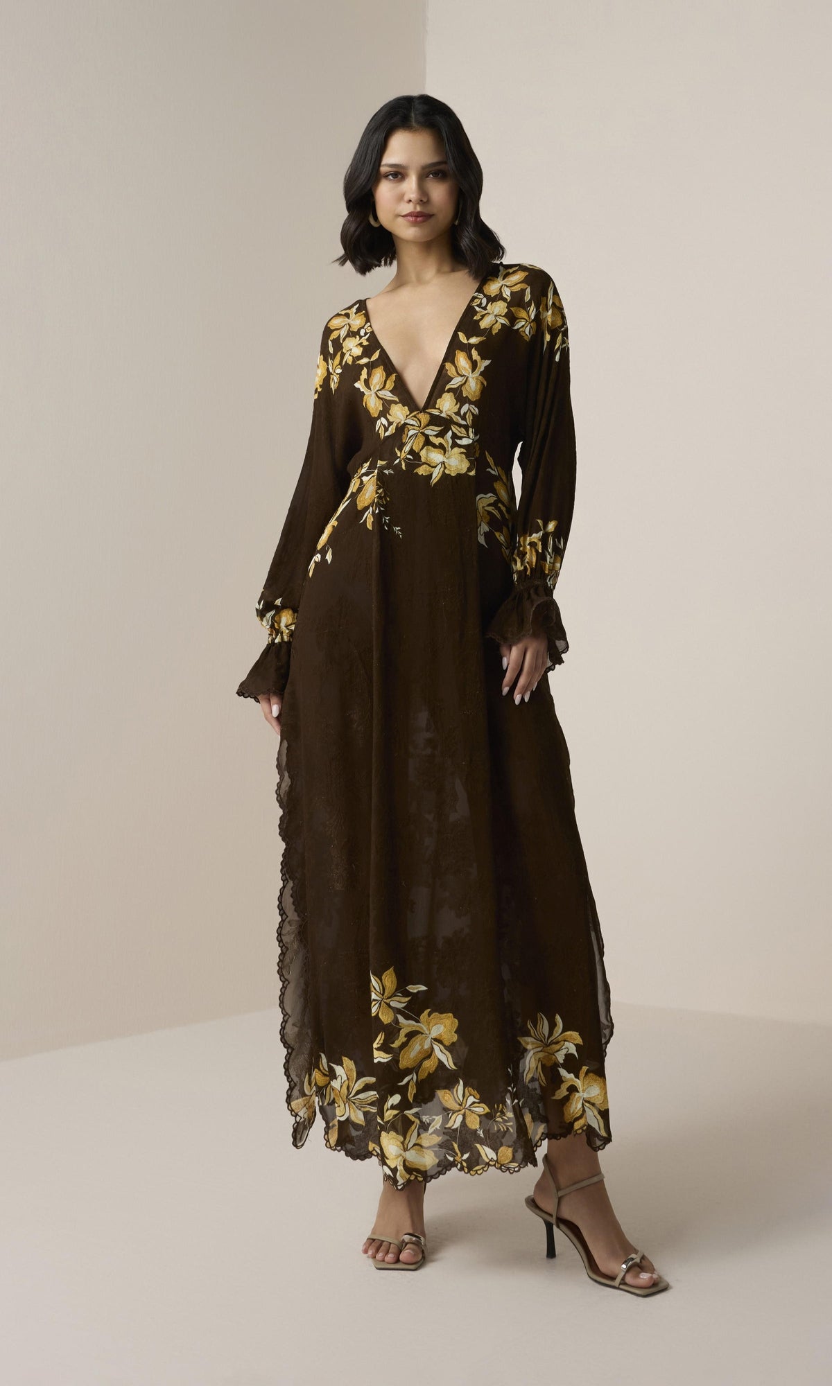 Hemant And Nandita | Bota Viscose Flower Jacquard Maxi Kaftan With Printed Slip | Brown