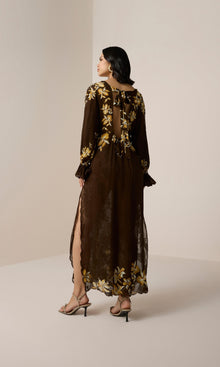 Hemant And Nandita | Bota Viscose Flower Jacquard Maxi Kaftan With Printed Slip | Brown