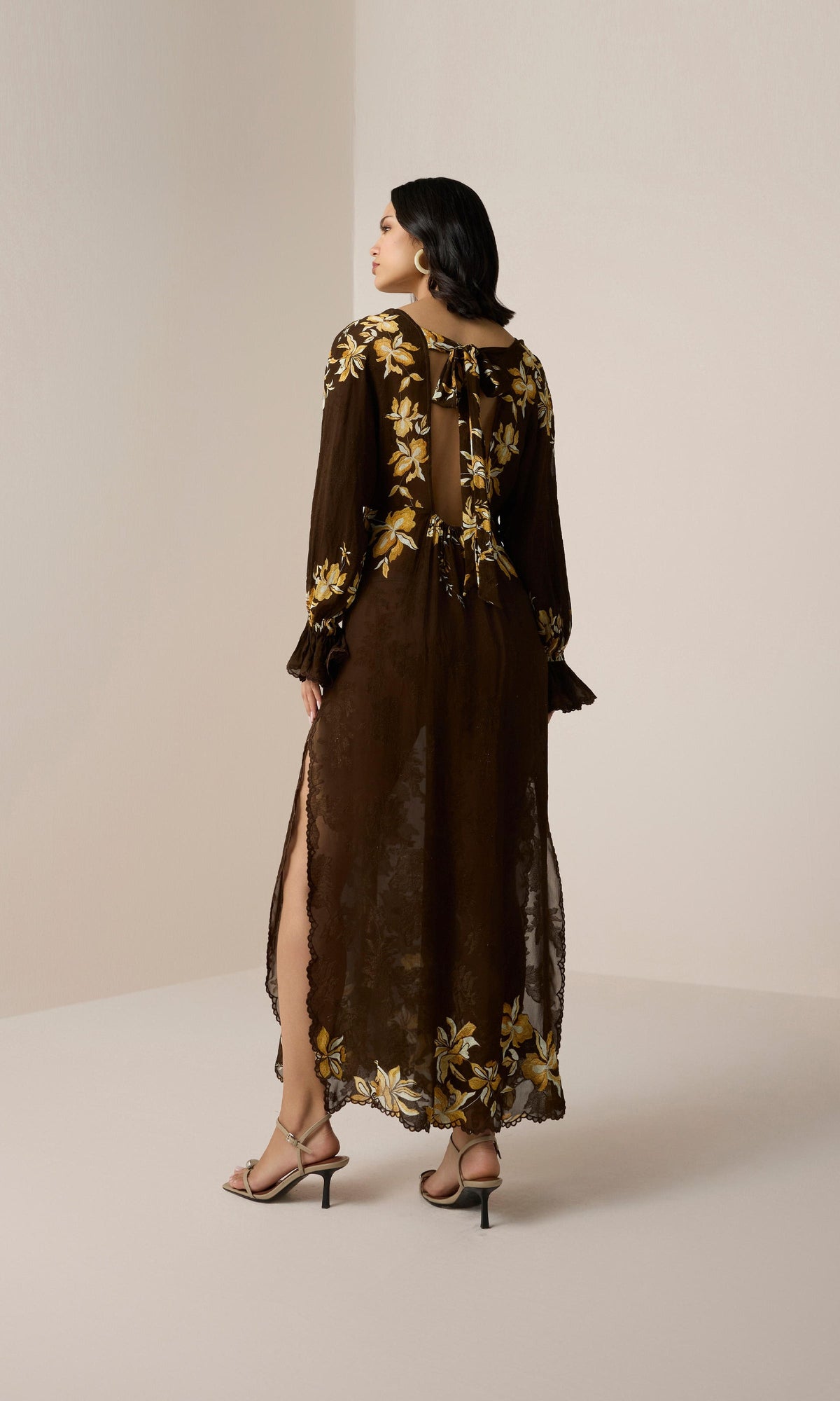 Hemant And Nandita | Bota Viscose Flower Jacquard Maxi Kaftan With Printed Slip | Brown
